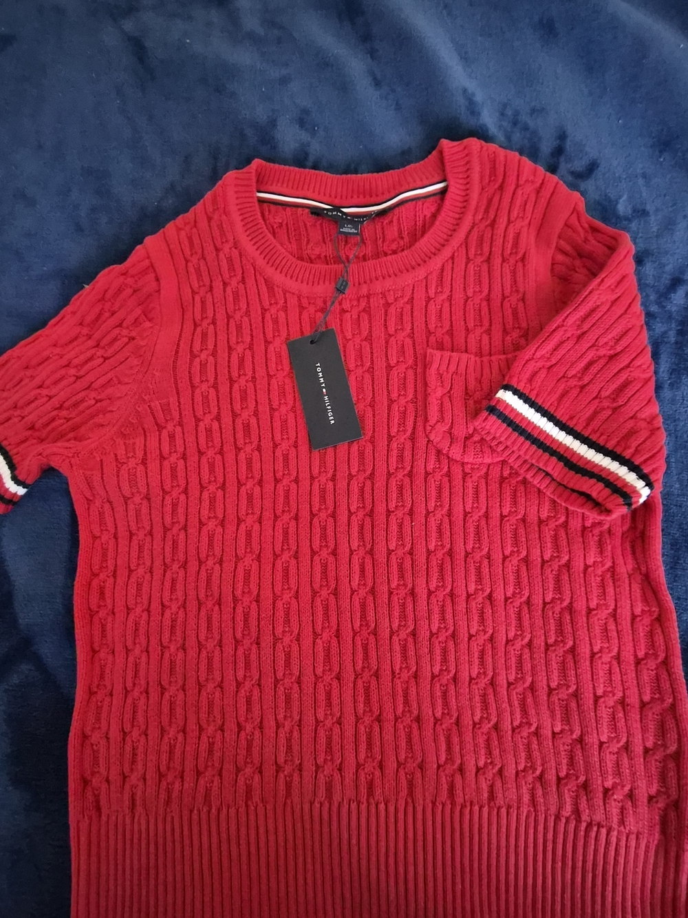 Tommy Hilfiger Red Cable Knit Short Sleeve Tennis Sweater